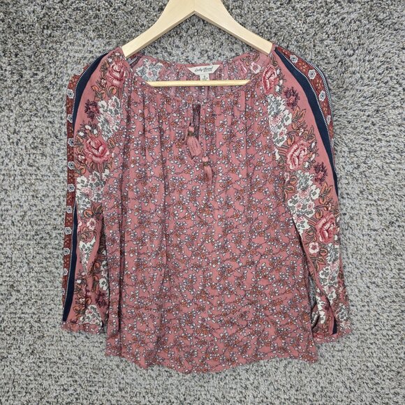 Lucky Brand Top Womens Small Pink Floral Print Boho Crinkle Gauze Neck Tie - Picture 1 of 7